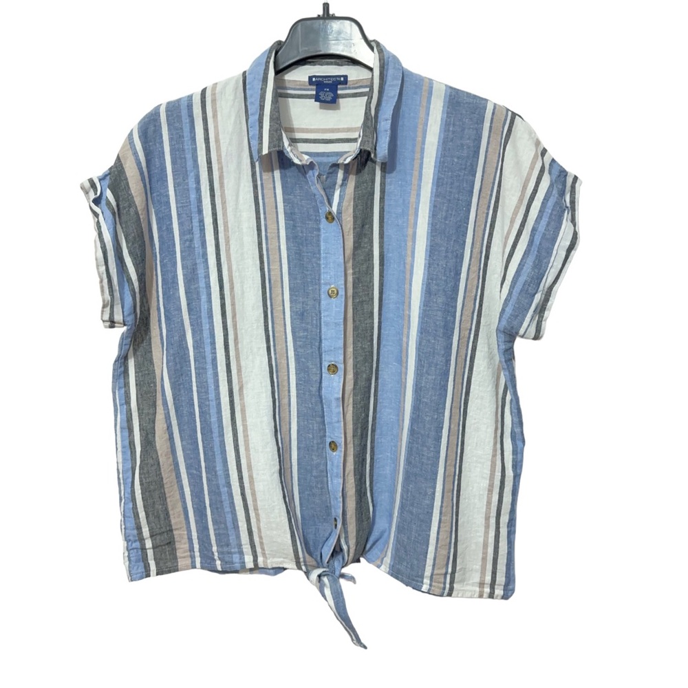 Architect Linen Striped Tie Front Button Down Shirt Womens Size 2X
